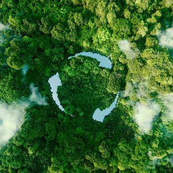 Circular economy icon round arrows seen from sky as water ponds in a beautiful untouched jungle