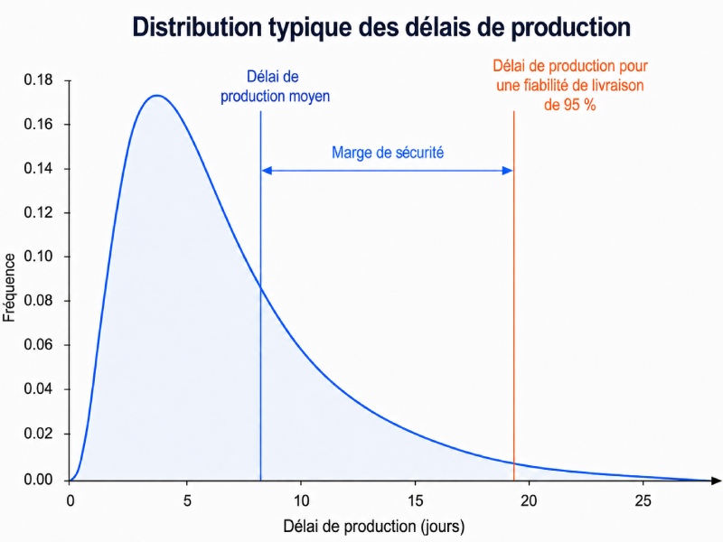 Dispersion des délais de production, avec indication du délai moyen et de la marge de sécurité. 