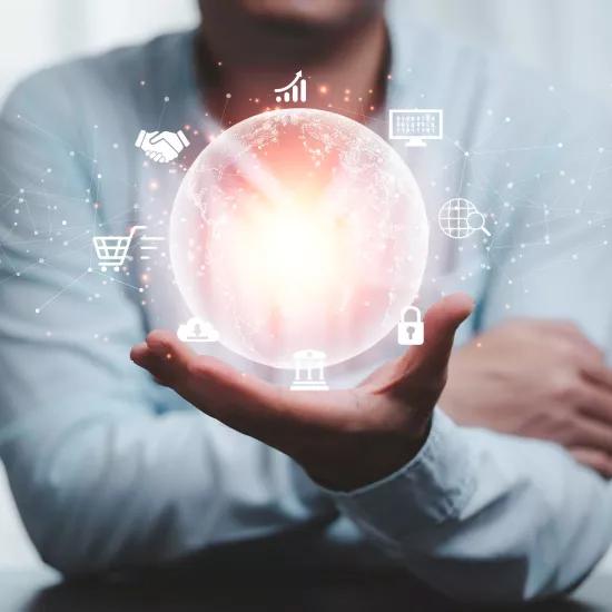 man hand holding virtual world with internet connection metaverse global business marketing banking financial pass thru application technology concept