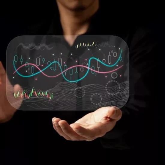 man holding hologram with statistics above hand and right hand ready to swipe