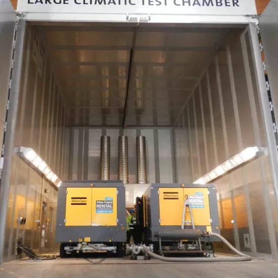 Cold-start testing on Atlas Copco mobile compressors at Sirris' large climatic test chamber