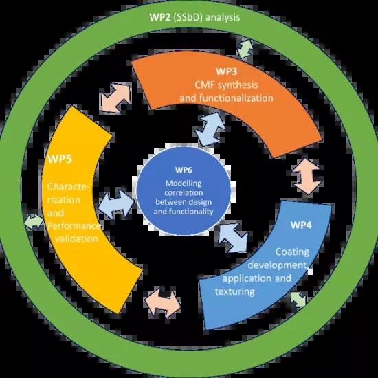 Approach scheme for the BIOSUPHYOL industrial research project on bio-based and PFAS-free coatings, featuring work packages for design, synthesis, coating development, performance validation, and modeling.