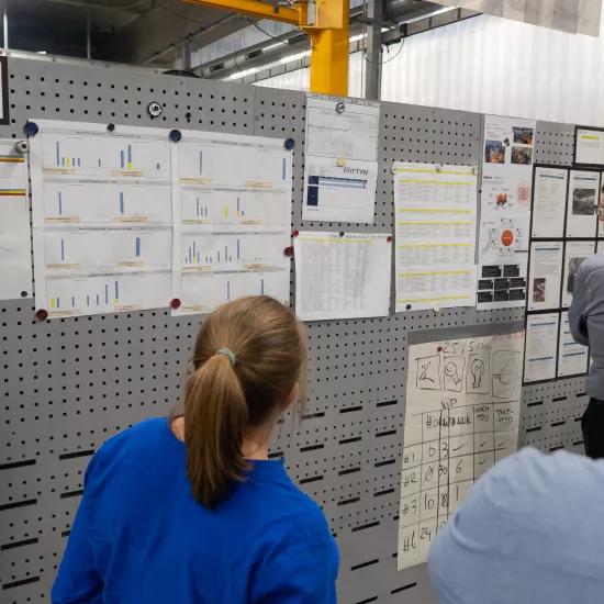 De stastistieken en planning worden middenin de productievloer uitgehangen en worden gebruikt voor teamoverleg.