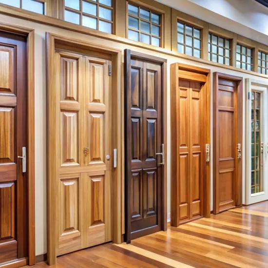 Diverse wooden door collection displayed in a retail setting with polished finishes and unique patterns perfect for wallpaper background