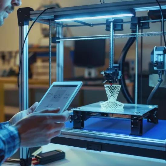 Engineer using tablet to monitor 3d printing of ornate basket