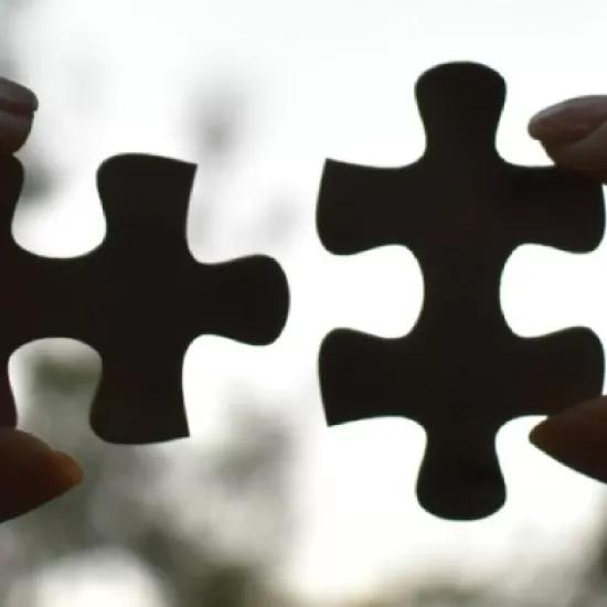 A person holding matching puzzle pieces