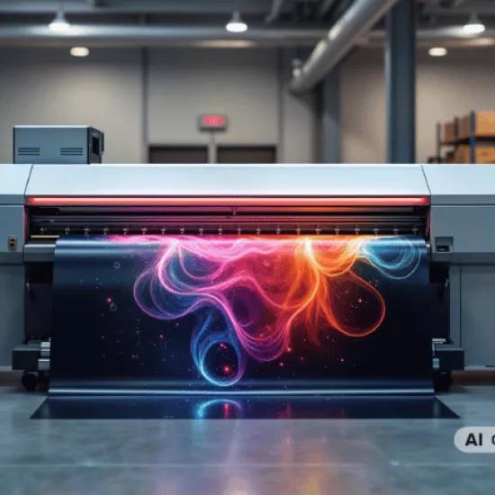 Large industrial digital inkjet printer produces colorful graphic banner modern tech equipment