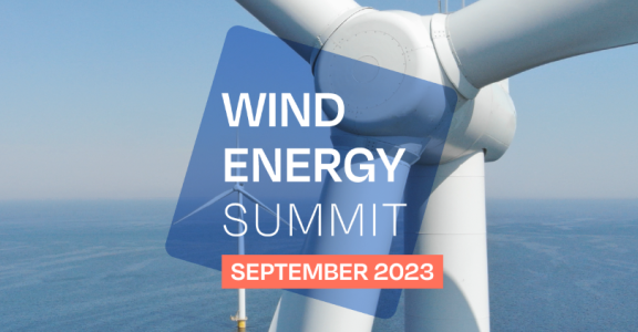 Close up wind turbine at sea with logo of Wind Energy Summit 2023