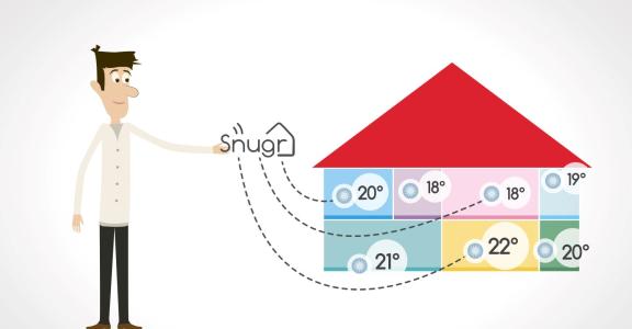 SNUGR smart product thermostatic valve drawing of man pointing to house with affichage of heating degrees in different rooms