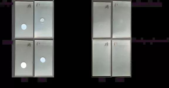 Figuur 10 foto's van de niet-verouderde en verouderde monsters van Coating P op verschillende momenten tijdens de chemische weerstandstest.