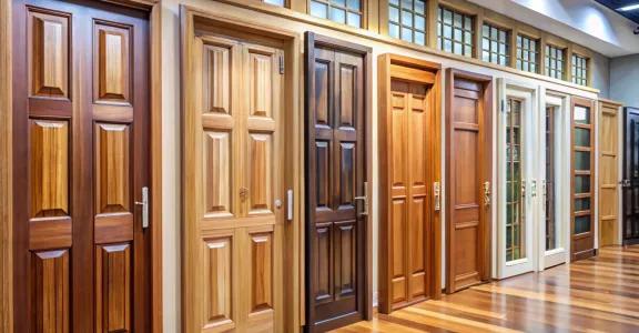 Diverse wooden door collection displayed in a retail setting with polished finishes and unique patterns perfect for wallpaper background
