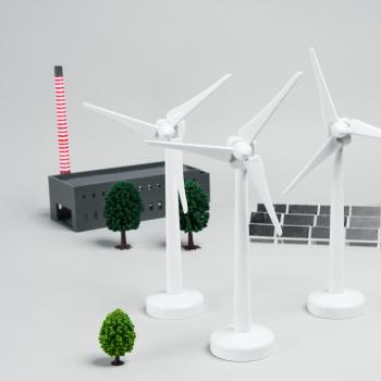 Three papercut wind mill turbines, solar panels , factory and trees on white background