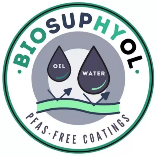 Logo of the BIOSUPHYOL industrial research project, focusing on bio-based and PFAS-free coatings, featuring oil and water droplets and a green coating layer.