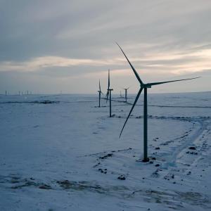 Wind turbines in koud besneeuwd landschap