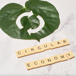 White marble background with green leaf on top containing symbol round circular arrows and circular economy spelled with scrabble pieces