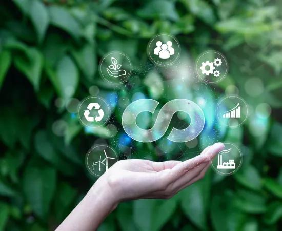Hand holding circular economy icon circulating endless cycle business world sustainable