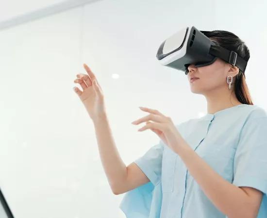 A woman wearing XR glasses