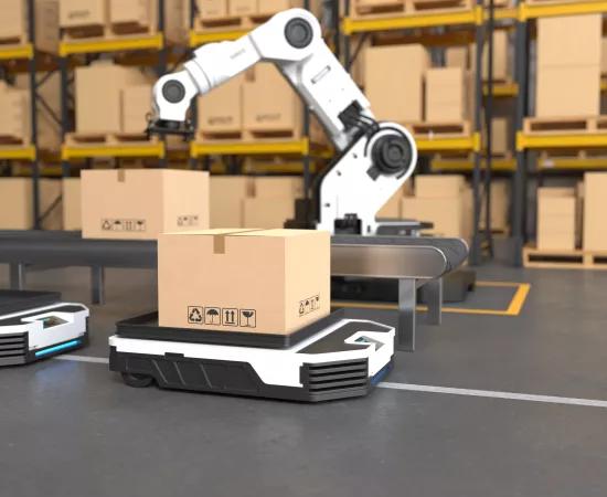 Robot arm picks up box autonomous