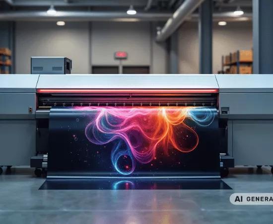Large industrial digital inkjet printer produces colorful graphic banner modern tech equipment
